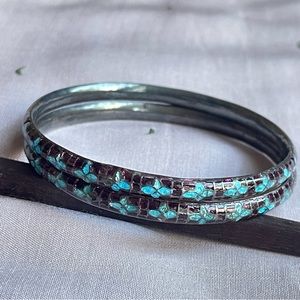 Vintage blue/brown enameled 925 sterling silver thin bangles/bracelet